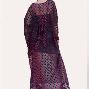 Unique Vintage Red & Black Velvet Polka Dot Kaftan Cover Up Sheer Gothic Summer